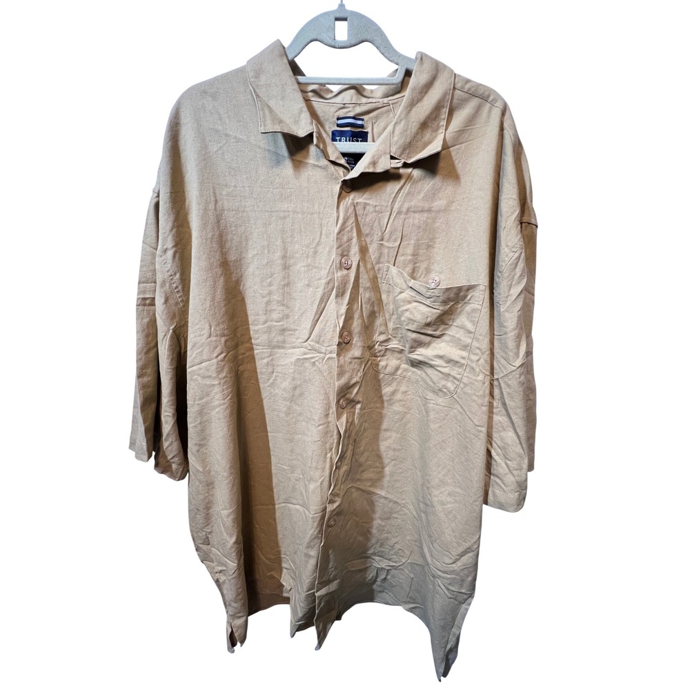 Trust Mens 4X Beige‎ Linen Rayon Blend Short Sleeve Button Up Shirt